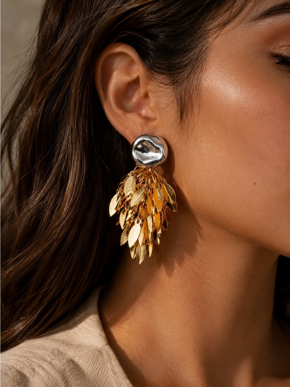 Gold and Silver Leaf Cluster Drop Earrings - Picture 9 of 11